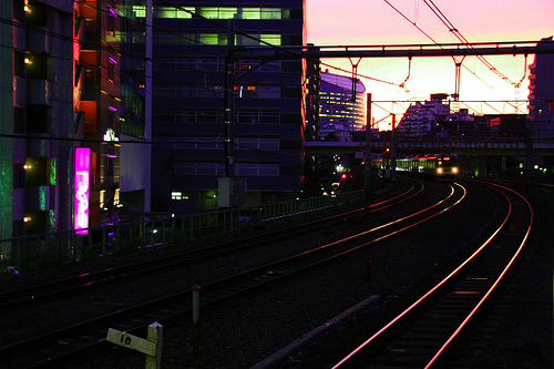 フリー画像|人工風景|建造物/建築物|街の風景|線路/鉄道|夕日/夕焼け/夕暮れ|日本風景|東京|